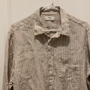 Mens uniqlo ecru 100% linen button down stripe tan long sleeve dress shirt